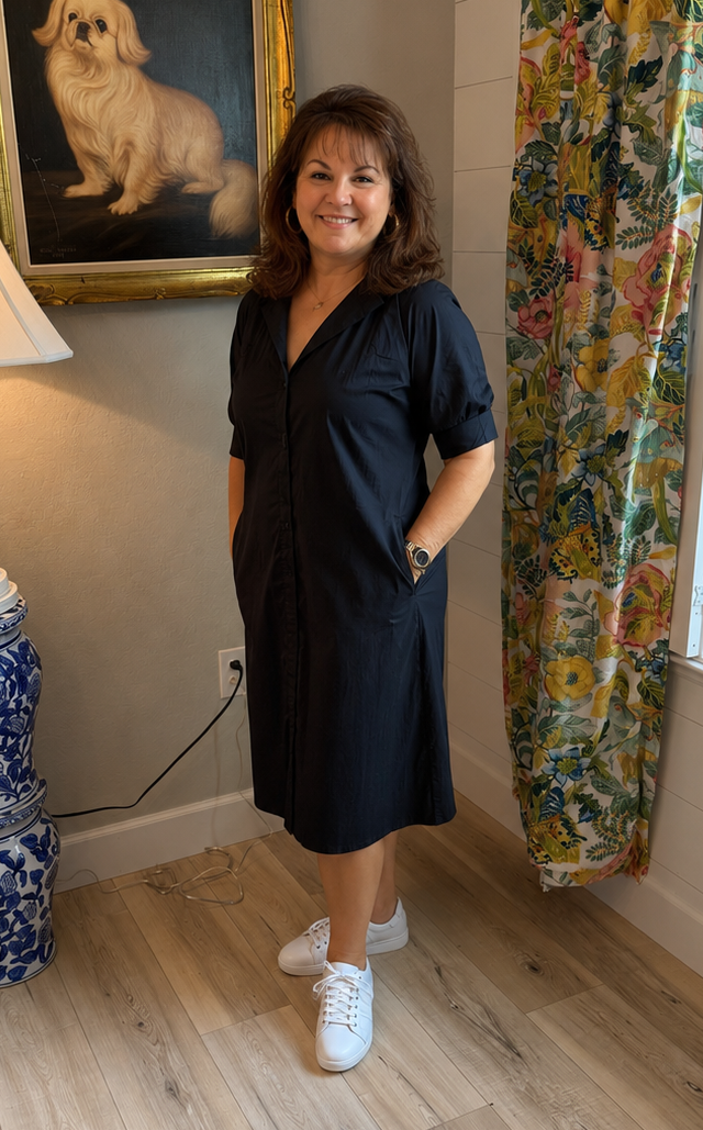 Cotton Black Poplin Wrap-Top Midi Shift