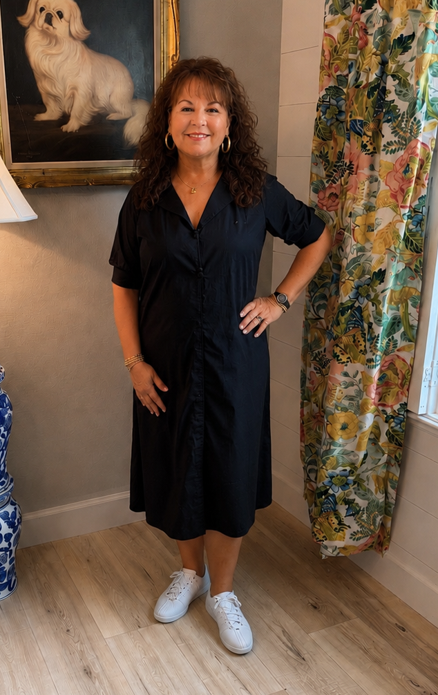 Cotton Black Poplin Wrap-Top Midi Shift