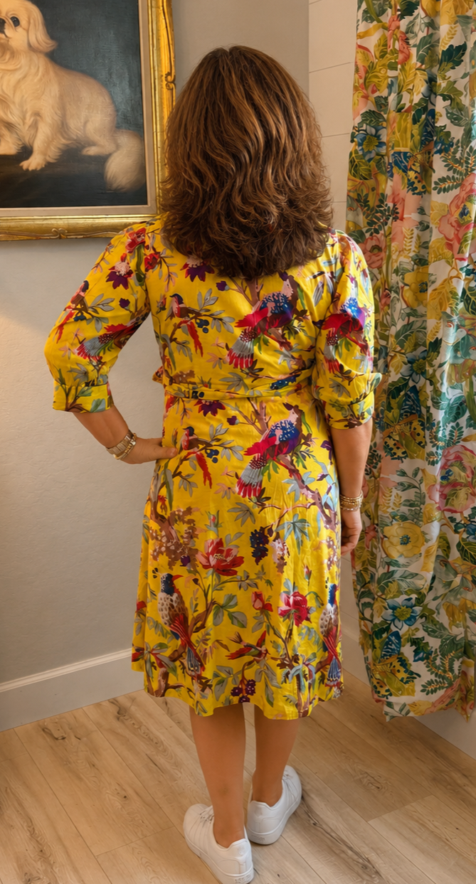 Cotton Tropical Bird Yellow Wrap Dress