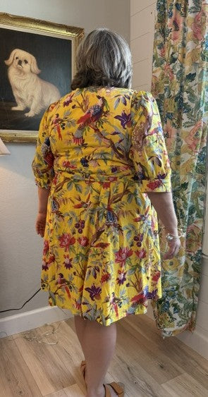 Cotton Tropical Bird Yellow Wrap Dress