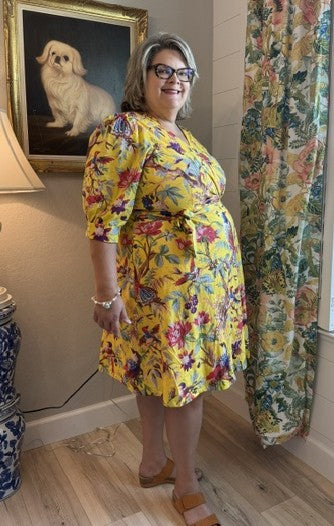 Cotton Tropical Bird Yellow Wrap Dress