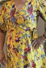 Cotton Tropical Bird Yellow Wrap Dress