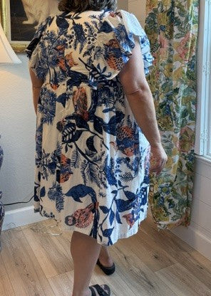 Cotton Blue and White Owl-Print Dress.