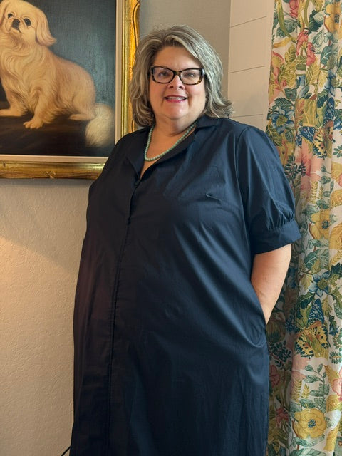 Cotton Black Poplin Wrap-Top Midi Shift
