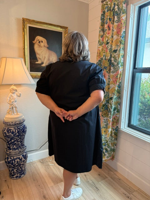 Cotton Black Poplin Wrap-Top Midi Shift