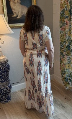 Cotton Ikat Cream and Blue Maxi with Sash