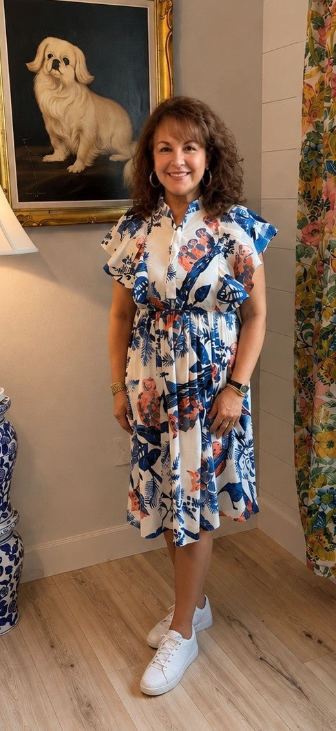 Cotton Blue and White Owl-Print Dress.