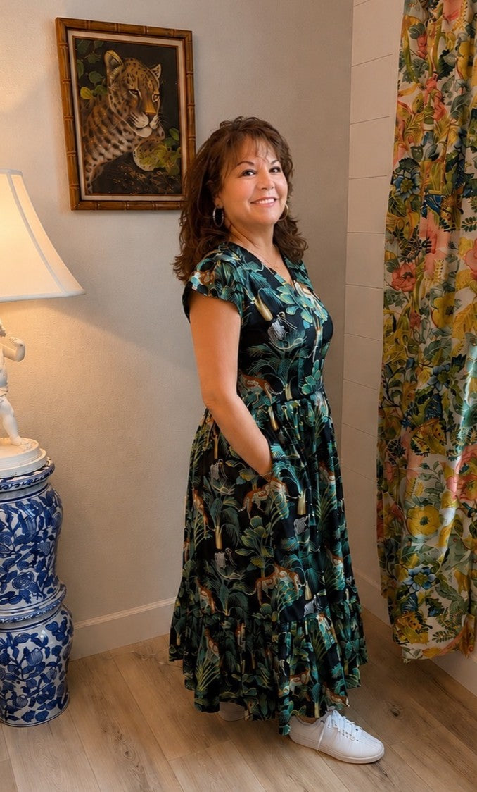 Cotton Black Ruffle Sleeve Cheetah Dress