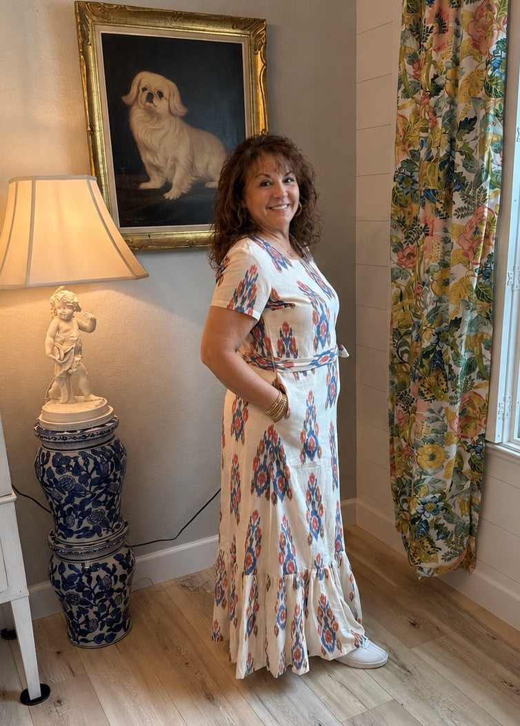 Cotton Ikat Cream and Blue Maxi with Sash