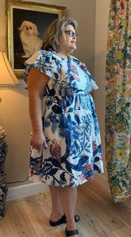 Cotton Blue and White Owl-Print Dress.