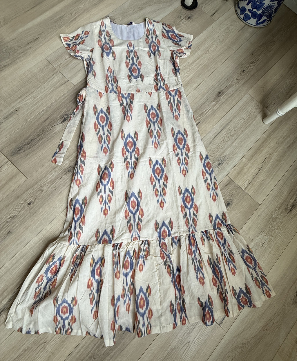 Cotton Ikat Cream and Blue Maxi with Sash