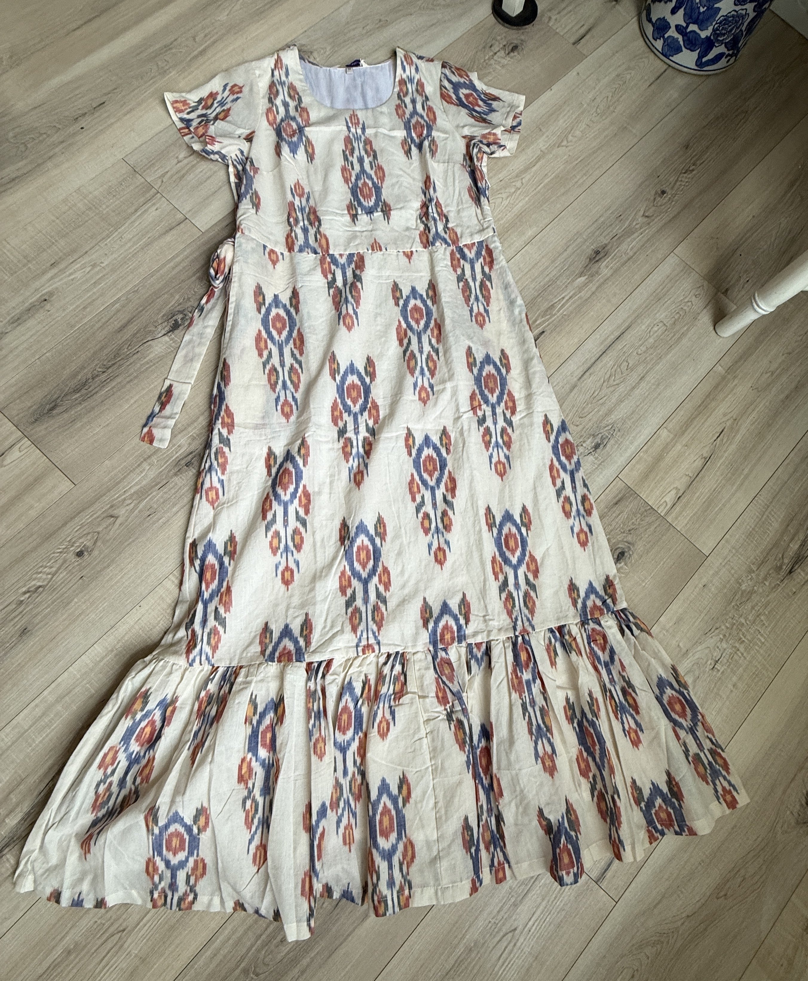 Cotton Ikat Cream and Blue Maxi with Sash