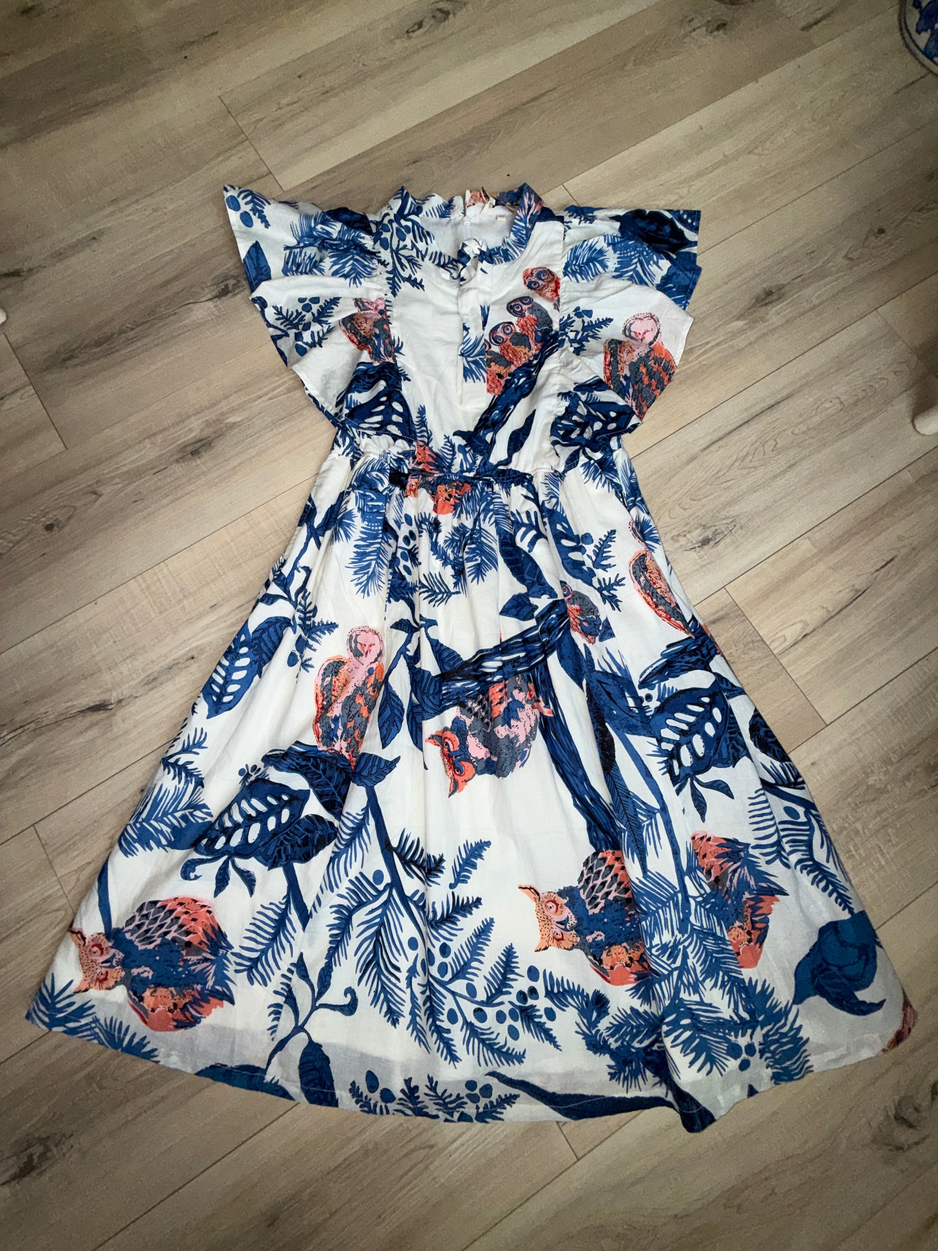 Cotton Blue and White Owl-Print Dress.