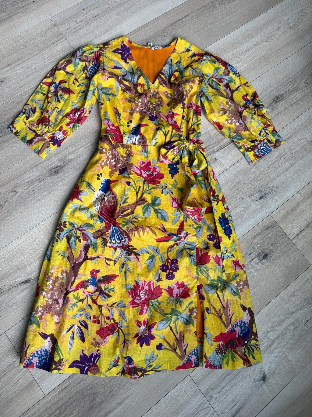 Cotton Tropical Bird Yellow Wrap Dress