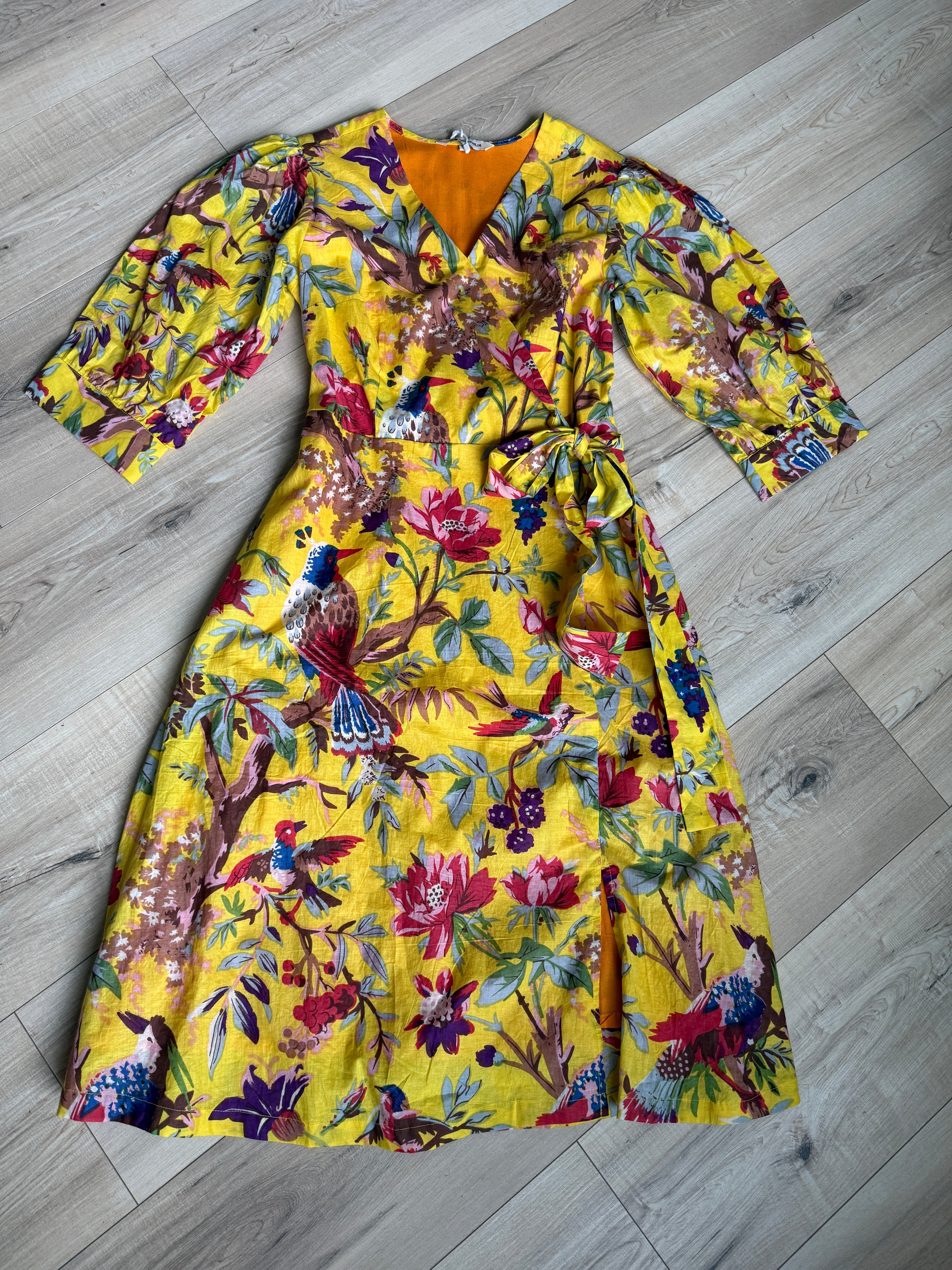 Cotton Tropical Bird Yellow Wrap Dress