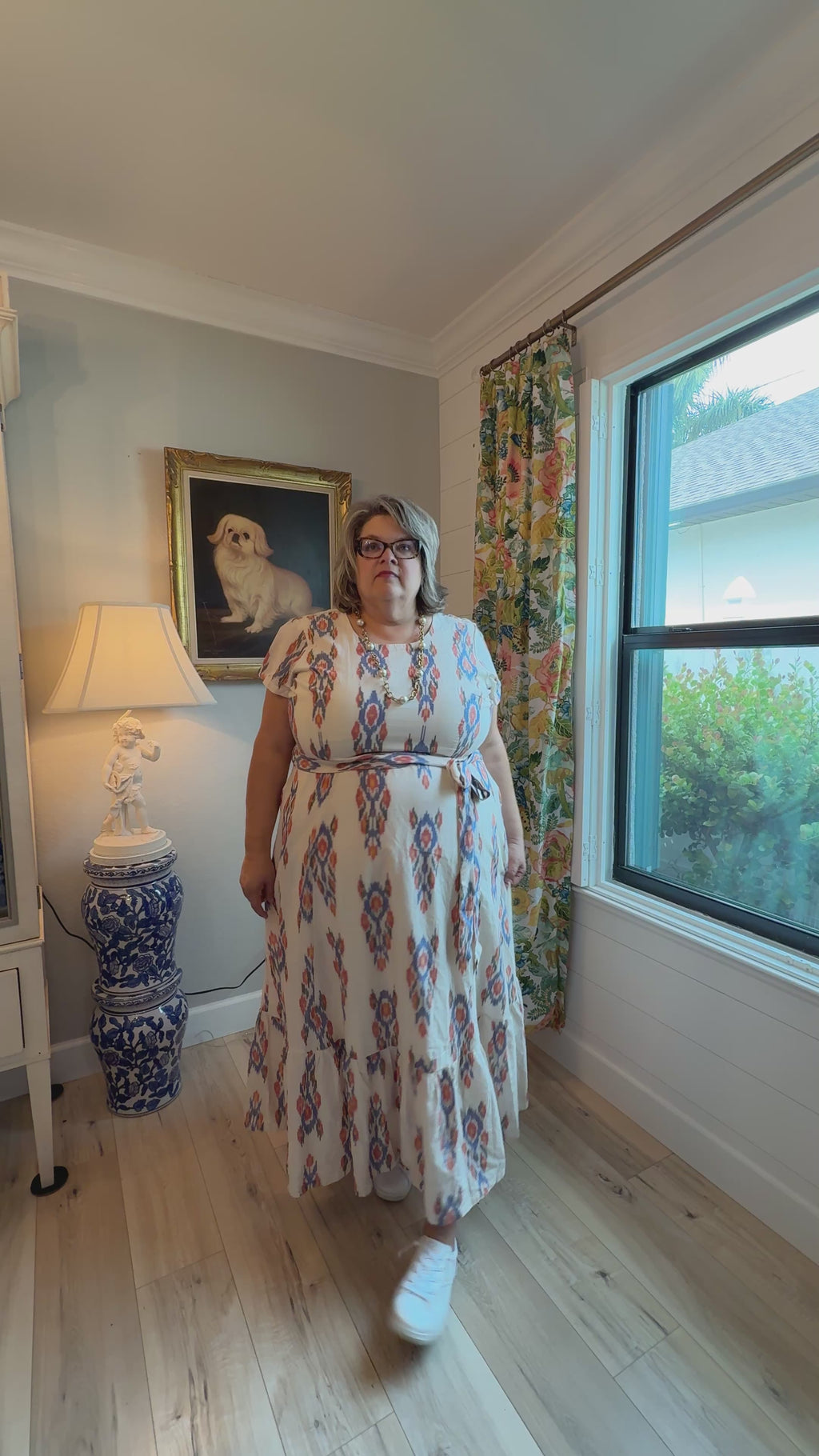 Cotton Ikat Cream and Blue Maxi with Sash
