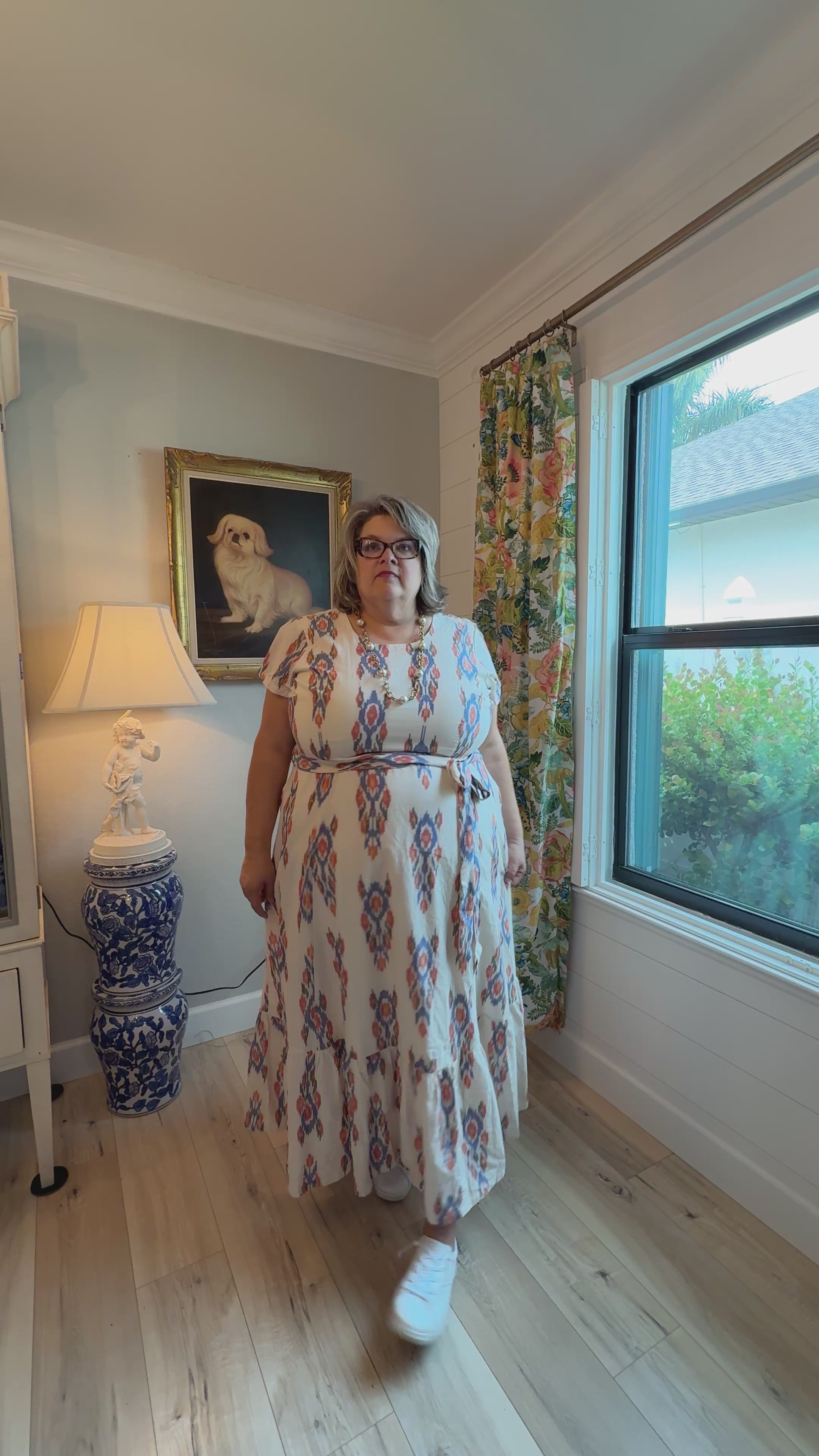 Cotton Ikat Cream and Blue Maxi with Sash